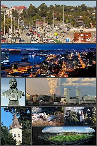 1st row: Pelluco, spa and tourist town in the commune of Puerto Montt. 2nd row: Night panoramic view of downtown Puerto. 3rd row: Monument to Vicente Pérez Rosales, and eruption of the Calbuco volcano from the city. 4th row: On the left, Bell Tower of the Society of Jesus; on the right-top, Church of the Jesuit Fathers; to the right-below, Chinquihue stadium.