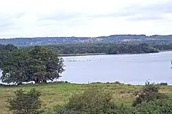 The lake of Mossø seen from the southwest at Klostermølle; in the distance is Gammel Rye.