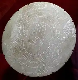 Engraved stone palette, Moundville, Alabama, back used for mixing paint (Mississippian culture)