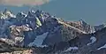 Mount Crowder (centered, shaded, with glacier), Crescent Creek Spires (behind Crowder), Mount Terror (upper left). View from Copper Ridge.