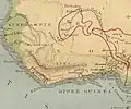 Mountains of Kong in Dutch atlas (1877), situated in western Africa.