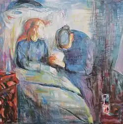 Edvard Munch, The Sick Child, 1925. 5th in the series. Oil on canvas, 117&nbsp;cm (46&nbsp;in) × 118&nbsp;cm (46&nbsp;in). Munch Museum, Oslo.