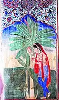 Mural of Virahini Nayika standing with her arm around a plantain tree, adorning the chitrashila of the Sheesh Mahal of Faridkot State