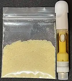 Free base DMT extracted from Mimosa hostilis root bark (left); vape cartridge made with freebase DMT extract (right)