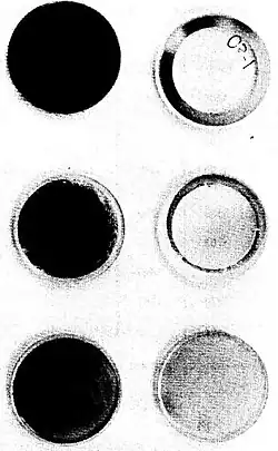 Post-flight appearance of Os, Ag, and Au mirrors from the front (left images) and rear panels of the Space Shuttle. Blackening reveals oxidation due to irradiation by oxygen atoms.[75][76]