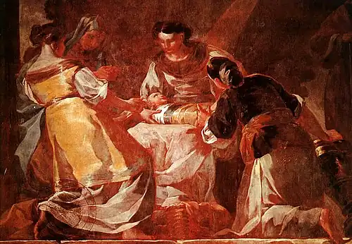 Four women kneel round the Virgin Mary as a newborn baby