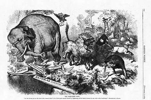 Nast's cartoon "Third Term Panic". November 7, 1874 Inspired by the tale of The Ass in the Lion's Skin and a rumor of President Grant seeking a third term, the Democratic donkey (labeled "Caesarism") panics the other political animals, including a Republican Party elephant.