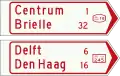K7: Signposts for cyclists and moped riders (finger posts) showing local and intermediary destinations, municipal cycle route numbers (above) and showing intermediary destinations and intermediary cycle route numbers (below)