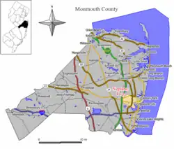 Location of Neptune Township in Monmouth County highlighted in yellow (right). Inset map: Location of Monmouth County in New Jersey highlighted in black (left).