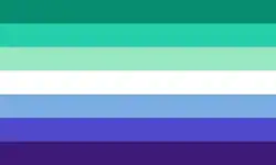 Seven-stripe flag with green, teal, white, blue, and purple[23]