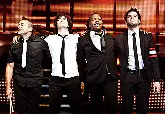 Newsboys in 2011 (Left to right) Phillips, Davis, Tait, Frankenstein