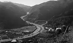 View of winding road through gorge.