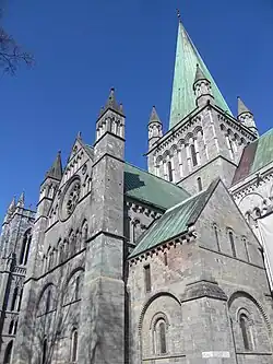 Cathedral exterior against a brilliant blue sky