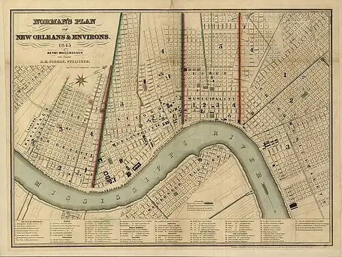 Norman's plan of New Orleans & environs, 1845: Banks' Arcade is marked with number 5 in the Second Municipality