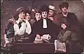 Postcard reproduction of a painting by Beaury-Saurel exhibited at the Paris Salon in 1914, representing seven pioneers