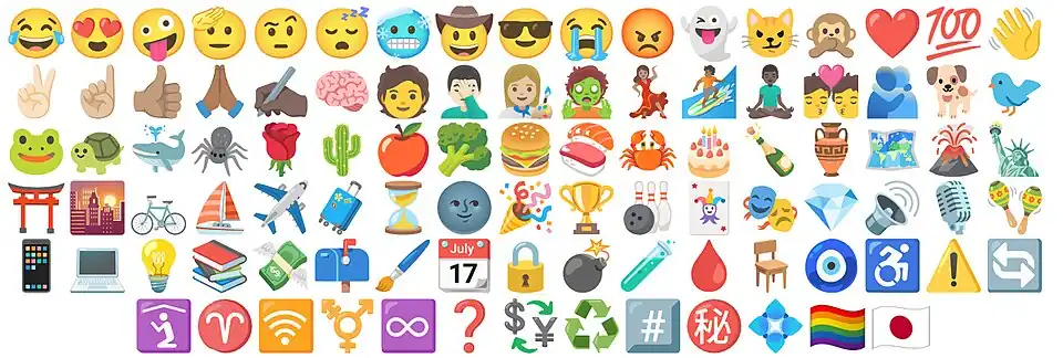 A group of emojis. The 2010s saw the first usage of modern emoticons or "emojis" which were often on the operating systems of phones and computers.