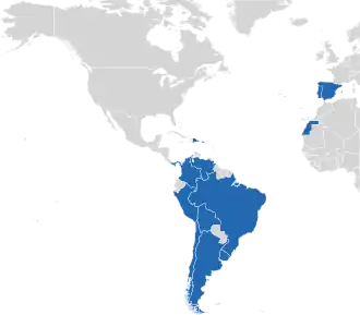 A coloured map of the countries of Ibero-America