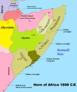 Map of the Dervish in 1898, with the autonomous Huwan region shown in green.