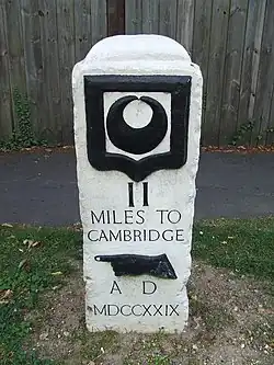 Milestone II of a set erected in 1728-1732 between Cambridge and Barkway by Dr Warren of Trinity Hall