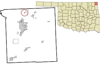 Location within Ottawa County and the state of Oklahoma showing former municipal boundaries