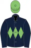 Dark blue, light green diamond hoop, dark blue sleeves, light green cap