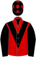 Red, black chevron and sleeves, black cap, red spots