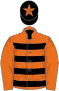 Orange, black hooped, orange sleeves, black cap with orange star