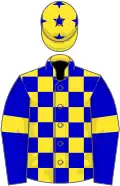 Yellow and blue check, blue sleeves, yellow armlets, yellow cap, blue stars
