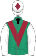 Emerald green, maroon chevron, white sleeves, white cap, maroon diamond