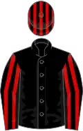 Black, red striped sleeves and cap
