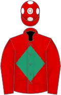 Red, emerald green diamond, white spots on cap