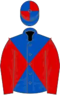 Royal blue and red diabolo, red sleeves, quartered cap