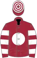 Maroon, white disc, hooped sleeves and cap