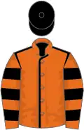 Orange, black seams, hooped sleeves, black cap