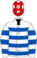 White and royal blue hoops, red cap, white spots