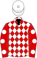 Red and white diamonds, red sleeves, white spots, white cap