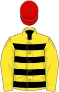 Yellow, black hoops on body, red cap