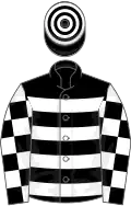 Black, white hoops, checked sleeves, hooped cap