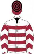 White, maroon hoops, chevrons on sleeves, maroon and black hooped cap