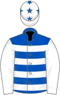 Royal blue, white hoops and sleeves, white cap, royal blue stars