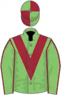 Light green, maroon chevron and seams on sleeves, quartered cap