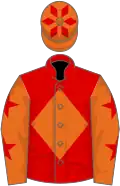Red, orange diamond, orange sleeves, red stars, orange cap, red diamonds
