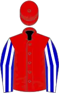 Red, blue and white striped sleeves, red cap
