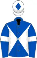 Royal blue and white diabolo, royal blue sleeves, white armlets, white cap, royal blue diamond
