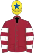 Maroon, white hooped sleeves, yellow cap, royal blue star