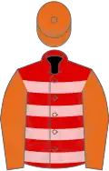 Red and pink hoops, orange sleeves and cap