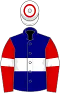 Navy blue, white hoop, armlets and cap, red hoop and sleeves