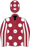 Maroon, white spots, striped sleeves, spots on cap