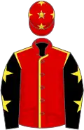 Red, yellow seams, black sleeves, yellow stars, red cap, yellow stars