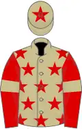 Beige, red stars, red sleeves, beige armlets, beige cap, red star